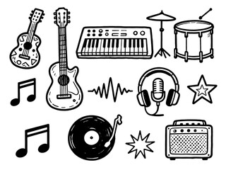 Hand Drawn Music Doodle Set with Guitar, Drum, Note, Microphone, Headphones, Vinyl &ndash; Black and White &ndash; Transparent Background