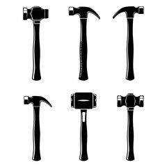 Collection of six hammer silhouettes isolated on white background
