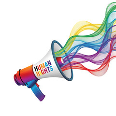 Vibrant colors of equality burst from a blue megaphone demanding urgent human rights advocacy and social justice awareness