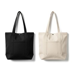 Two canvas tote bags, black and beige, isolated on white background