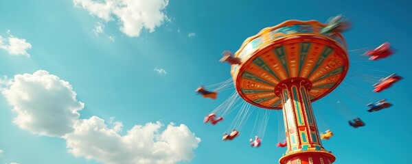 Motion blurred amusement ride with spinning seats and colorful design on blue sky background with clouds. Chair swing carousel ride spins fast in blue sky. Summer leisure attraction in park.