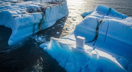巨大な氷山が静かに海面を漂い、太陽の光を浴びて美しく輝いている光景です .