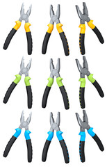 Set of steel pliers with black rubber grips and colorful handles shown isolated on white background, construction tool concept