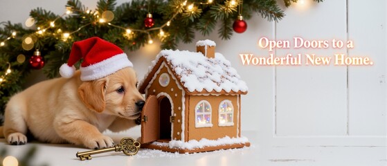 Festive real estate banner with a cute puppy in a Santa hat. Golden retriever with a key and gingerbread house symbolizing a new home for Christmas. Holiday marketing concept with copy space