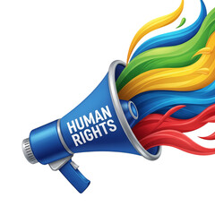 Vibrant megaphone broadcasts powerful human rights message with colorful advocacy ribbons against black