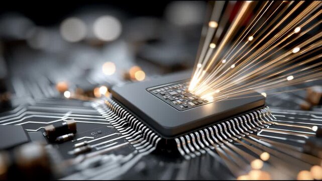 A computer chip is shown with a bright light coming out of it. Concept of technology and innovation, as well as the potential for new discoveries and advancements in the field of computing