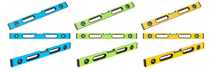 Set of bubble spirit levels with black handles on white background with clipping path, representing construction tools