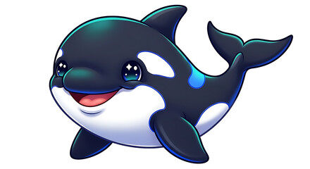 A cute, happy, and adorable cartoon baby orca with big eyes and a friendly smile, depicted in black, white, and blue.