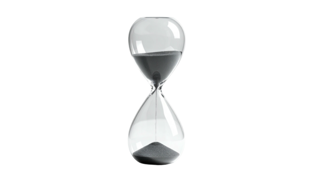 Hourglass with dark sand, against black background