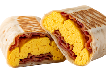 Delicious breakfast burrito cut in half showing scrambled eggs and crispy bacon inside isolated on transparent background