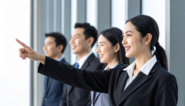 Smiling business team Asian professionals corporate group formal attire teamwork office success leadership vision pointing gesture with motivation