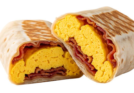 Delicious breakfast burrito cut in half showing scrambled eggs and crispy bacon inside isolated on transparent background