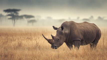Obraz premium Rhinos graze peacefully in the golden grasslands of Africa during early morning fog