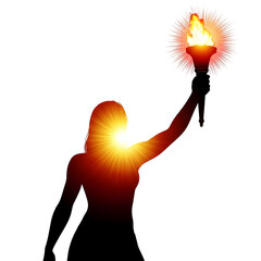 Powerful silhouette of a woman holding a bright burning torch high above her head in deep darkness