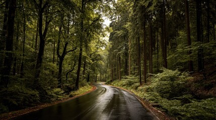 Scenic winding road through dense green forest during wet weather in morning light