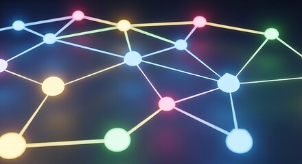 A cartoon network of glowing digital nodes connected in 3D with pastel neon colors