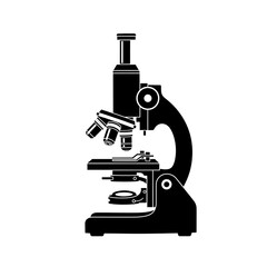 Black microscope silhouette on a white background, scientific equipment