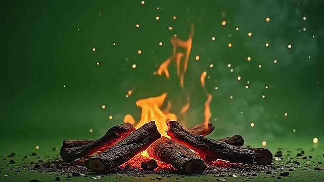 The explode burnt wood ember scene bursts energetically, sending glowing orange embers swirling smoothly over a clean green background, creating a vivid and captivating contrast.