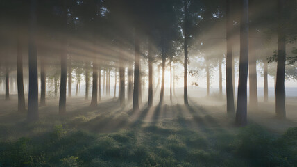 Morning sunbeams piercing through a misty forest creating long shadows an atmospheric nature illustration