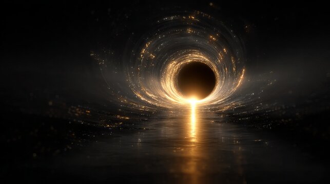 Golden light shining into dark tunnel abstract glowing rays illuminating mysterious passage surreal digital art background for mystical wall art