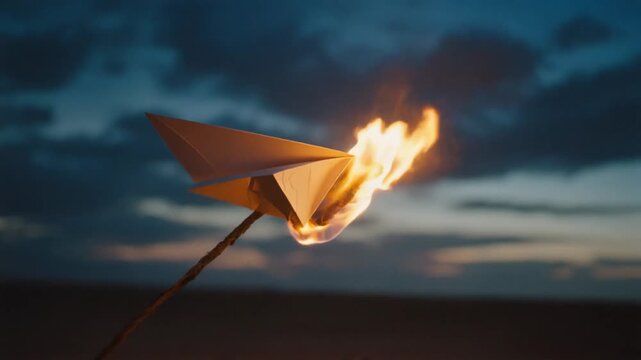 A burning paper plane on a stick at dusk, a metaphor for passion, failure, or a final message