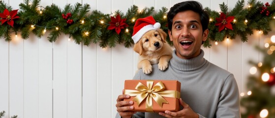 Surprised young man holding a christmas gift with a cute golden retriever puppy on his shoulder. Happy indian male and his pet dog wearing a santa hat during a holiday celebration. Festive banner