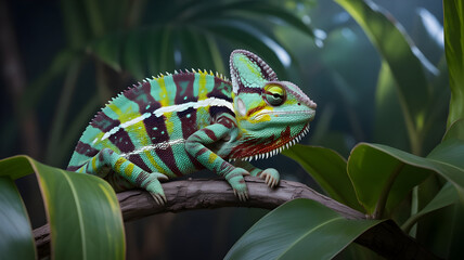 Vibrant green chameleon illustration with striking blue and brown stripes perched on a jungle branch