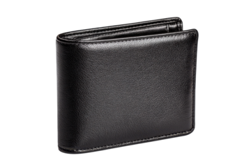 Black leather bi fold wallet with stitched edges on black background bi-fold accessory, Isolated On White Background, Png Transparent