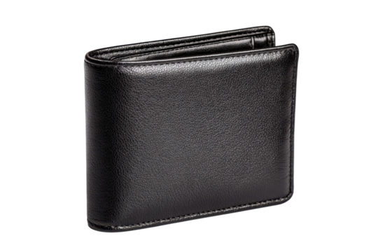 Black leather bi fold wallet with stitched edges on black background bi-fold accessory, Isolated On White Background, Png Transparent