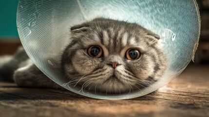 Cat wearing collar rests on wooden floor in cozy room with warm lighting after visiting the vet for a checkup