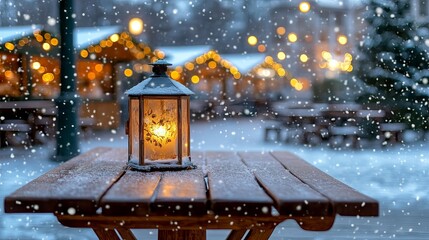 Lit lantern on wooden table at christmas market with outdoor cafe decorations on snowy winter day