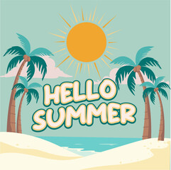 Hello Summer Beach Illustration with Palm Trees and Sun