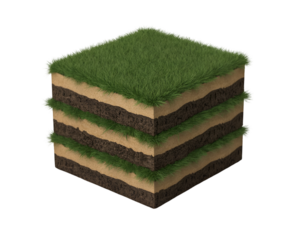 A layered cube depicting soil horizons with a grassy top surface