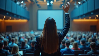 Woman raises hand ask question during conference. Audience listen speaker, engage in meeting. Large hall with screen and lights. Participant wants interaction during formal presentation.
