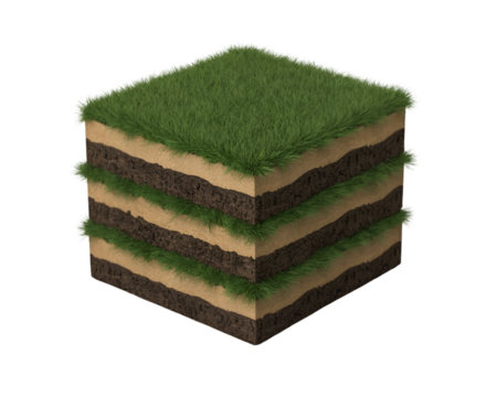 A layered cube depicting soil horizons with a grassy top surface