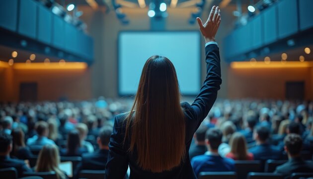 Woman raises hand ask question during conference. Audience listen speaker, engage in meeting. Large hall with screen and lights. Participant wants interaction during formal presentation.