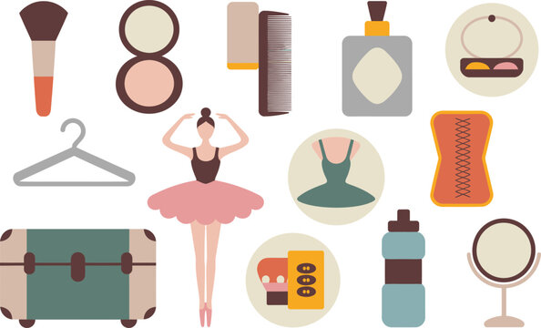 Flat Lay Illustration Ballerina with Makeup, Brush, Perfume, Comb and Travel Case Icons