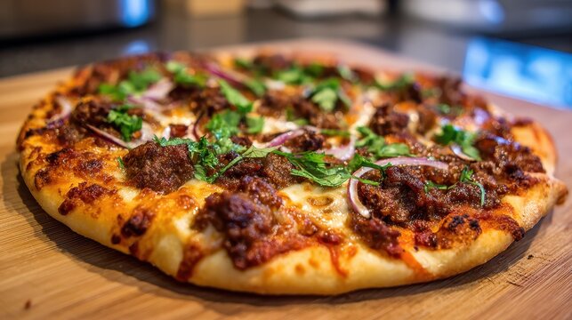Delicious homemade pizza topped with seasoned meat and fresh herbs on a wooden cutting board