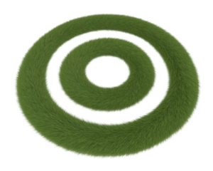 A vibrant green circular design with concentric rings and a fuzzy texture