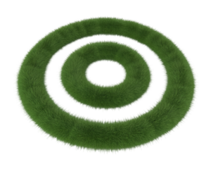 A vibrant green circular form with concentric black rings on black