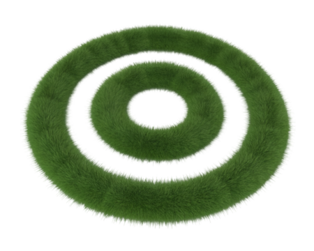 A vibrant green circular form with concentric black rings on black