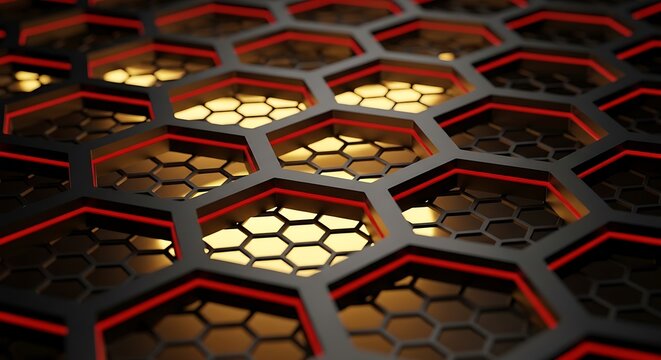 Futuristic dark honeycomb with glowing red edges and soft golden lighting