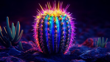 Neon glowing cactus with colorful spikes in dark desert background
