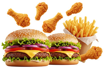 Delicious fast food meal with two juicy burgers crispy french fries and fried chicken pieces isolated on transparent background
