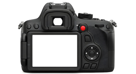 Rear View of a Modern Black Digital Single-Lens Reflex Camera with Blank Display Screen, Isolated on a Pure White Background for Content Creation