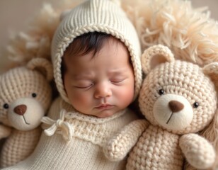 Baby sleeps with soft toy bears. Newborn kid sleeps sweetly near teddy bear. Infant kid with closed eyes in costume lies in comfort. Childcare and infancy concept with calm baby.