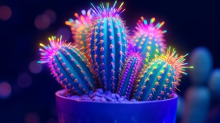 Neon glowing cactus in colorful light with vibrant spikes and dark background
