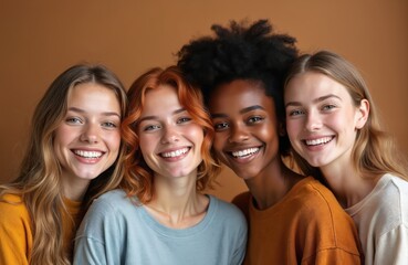 Fototapeta premium Four smiling young women diverse in ethnicity and hair color pose together. They represent friendship and female unity. Lifestyle portrait captures joyful diverse nationality people.