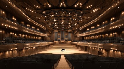Grand concert hall interior with warm stage lighting, ornate balconies and wooden seating rows for classical music performances, orchestra events and elegant cultural architecture background