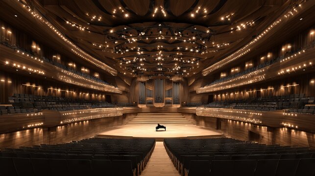Grand concert hall interior with warm stage lighting, ornate balconies and wooden seating rows for classical music performances, orchestra events and elegant cultural architecture background